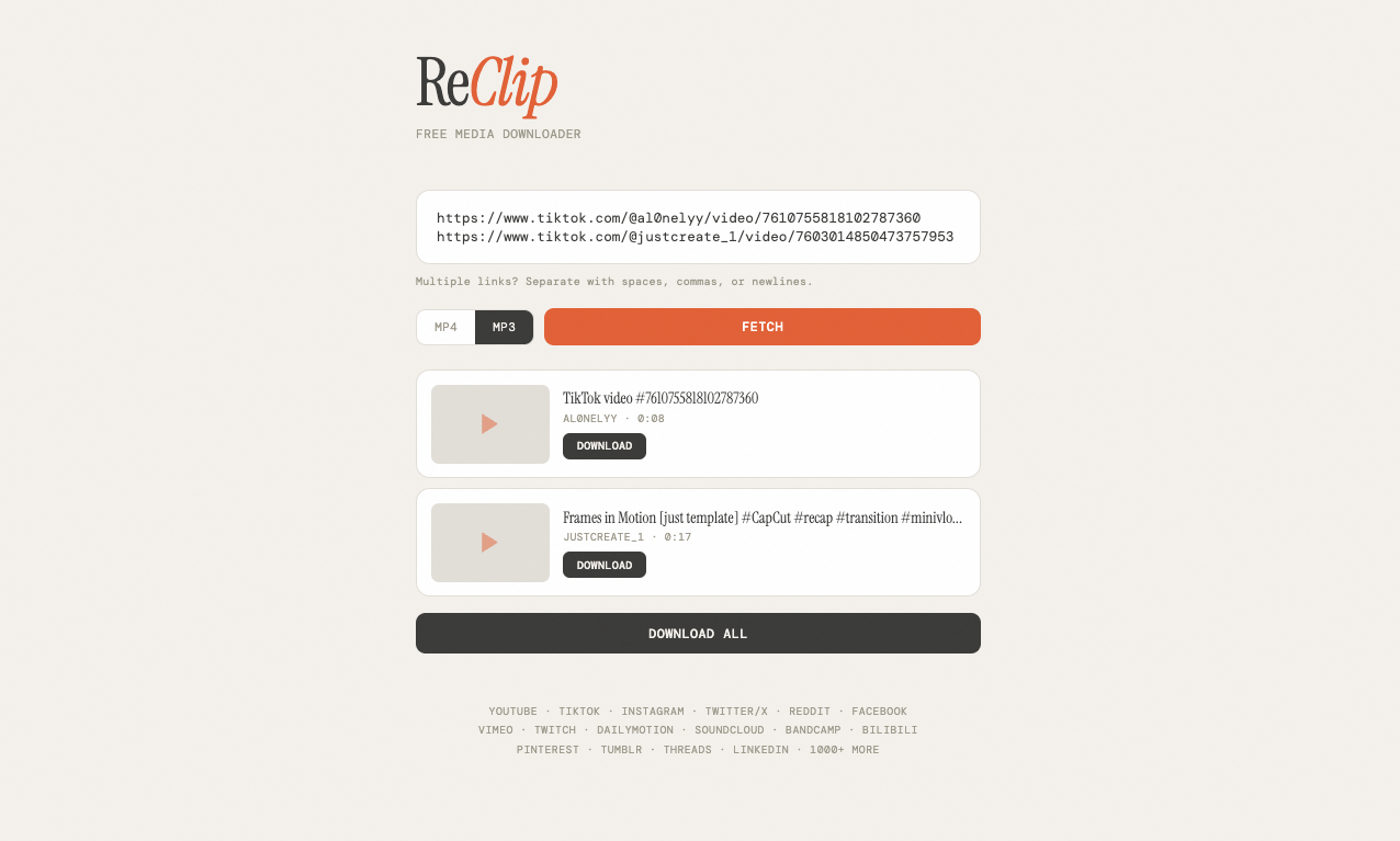 一键下载全网视频音频！轻量级自托管下载神器 ReClip